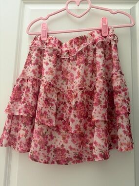 Allegra K Pink Floral Tiered Ruffle Skater Skirt